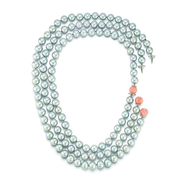 Seaman Schepps 18K Grey Freshwater Pearls with Pink Coral Clasp